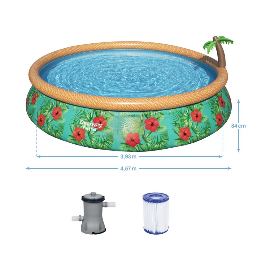 Runder, aufblasbarer Bestway Pool mit Palmenmotiv und Pumpe
