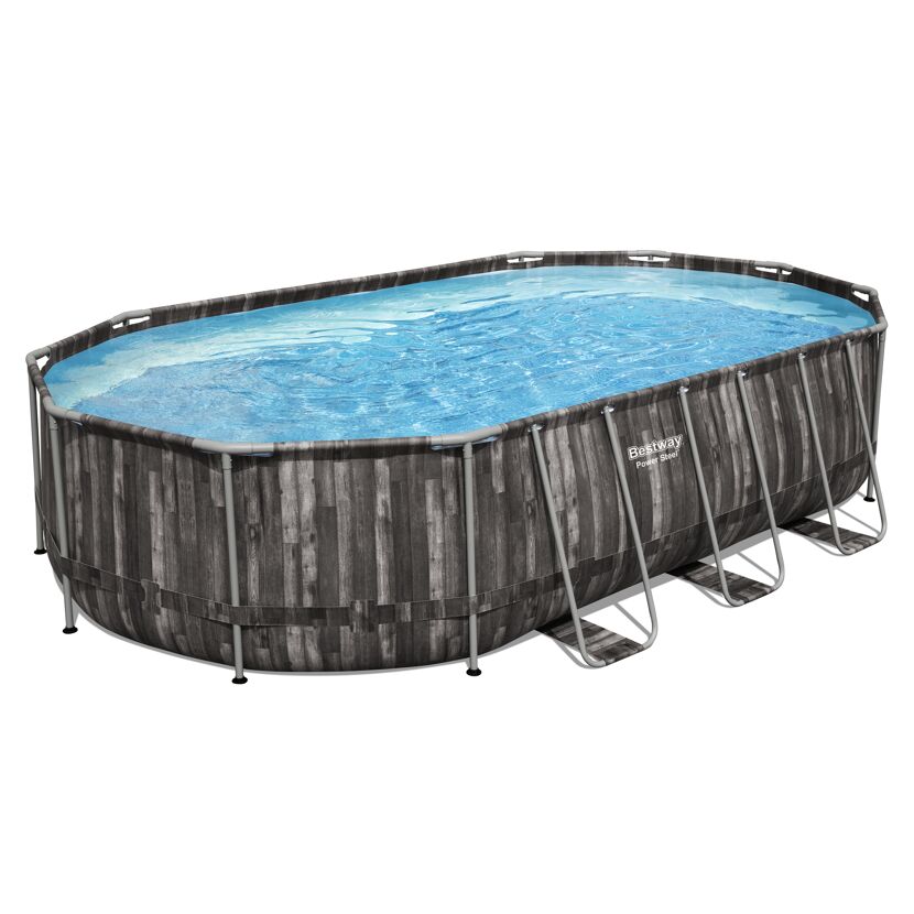 Ovaler Aufstellpool mit Holzoptik