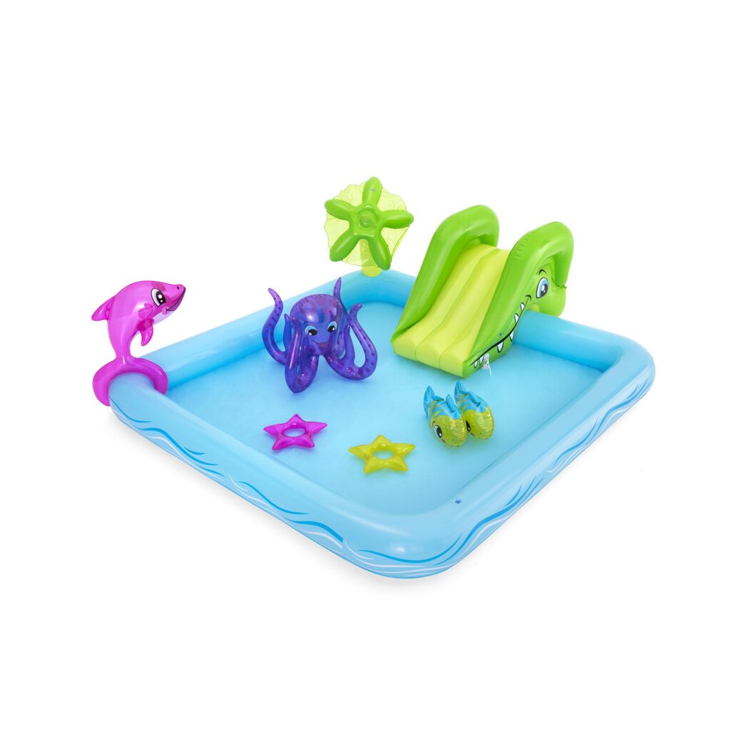 Aufblasbares Wasserspielcenter mit Rutsche und Wasserspielzeug.