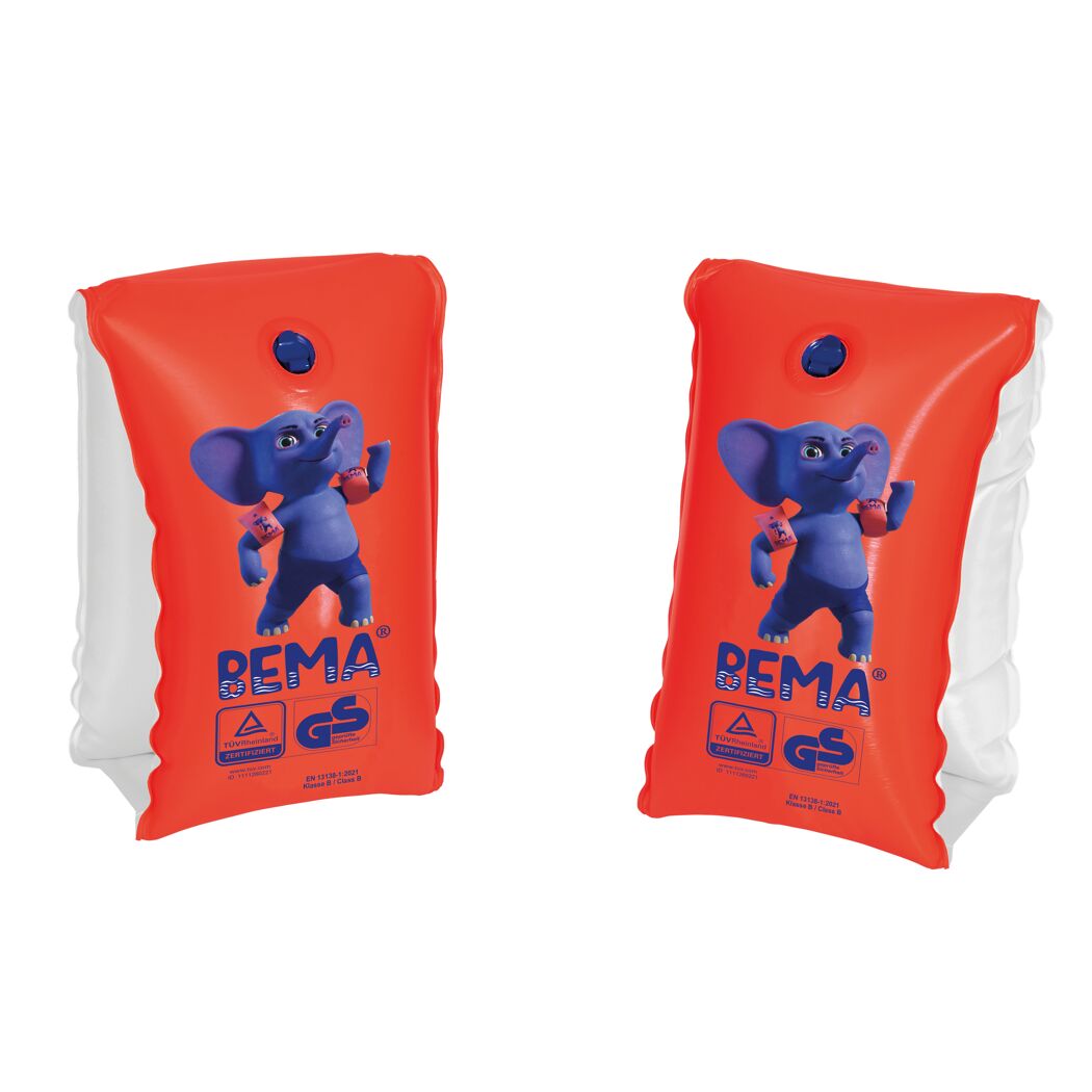 Zwei orange BEMA Schwimmflügel mit Elefant
