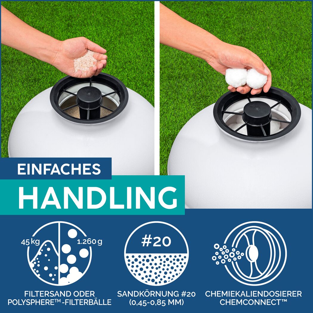 Person füllt Filtersand und Filterbälle in Sandfilteranlage.
