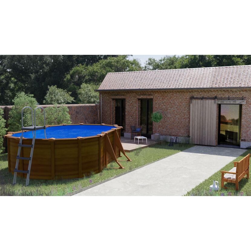 Ovaler Stahlwandpool mit Leiter im Garten