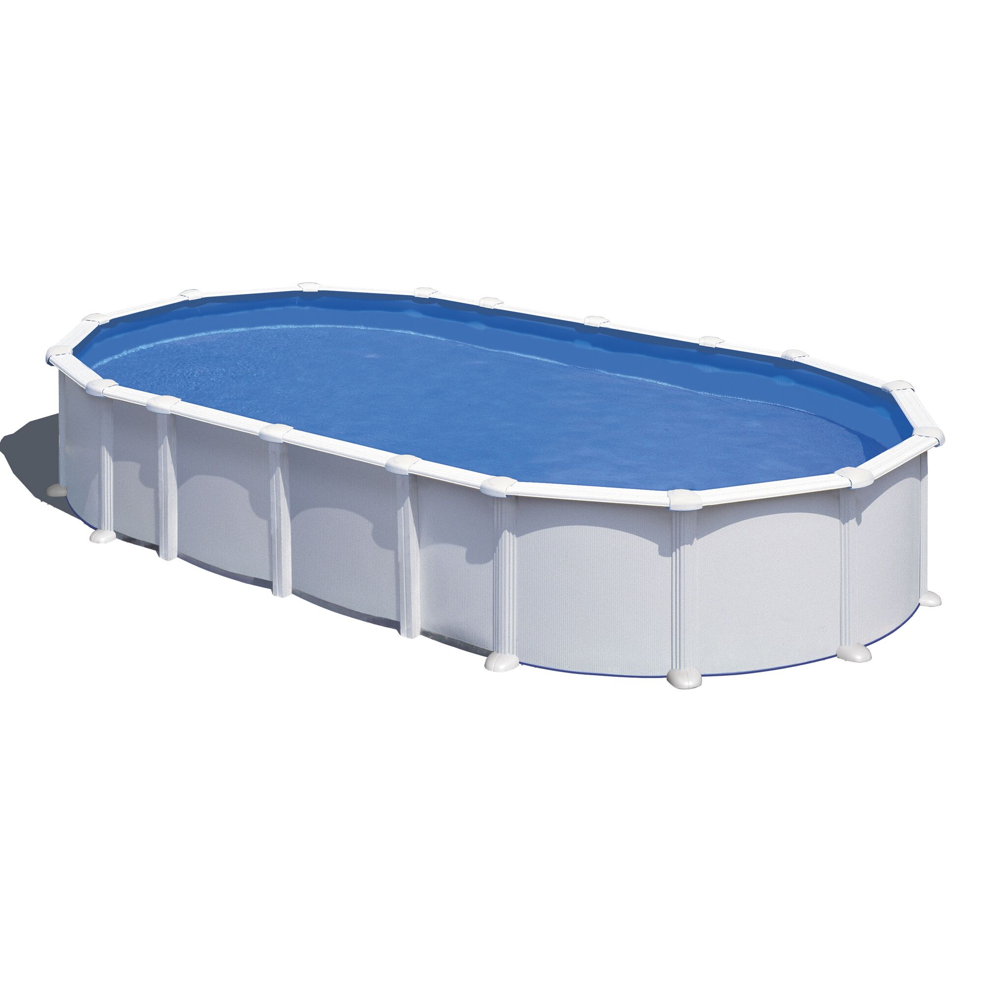 Ovaler Stahlwandpool mit blauem Wasser gefüllt.