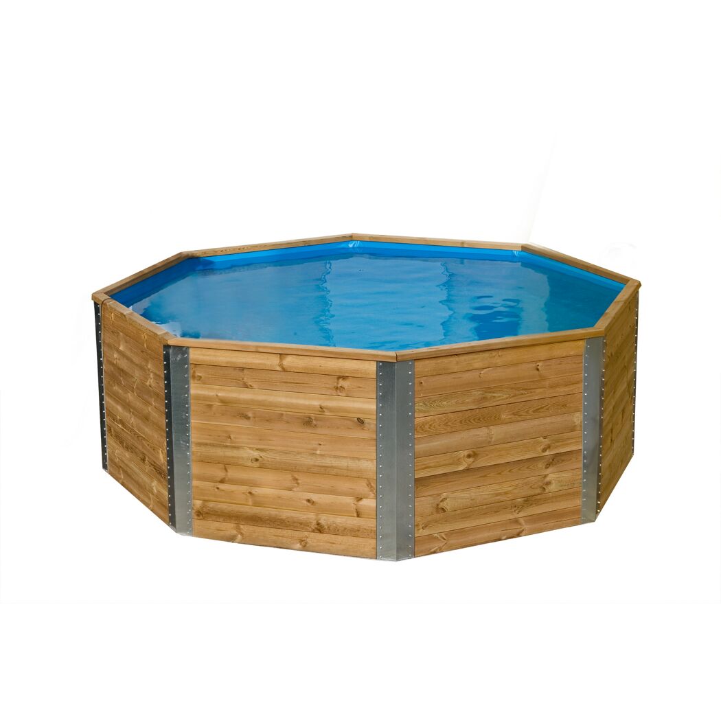 Achteckiger Holzpool mit blauer Folie.