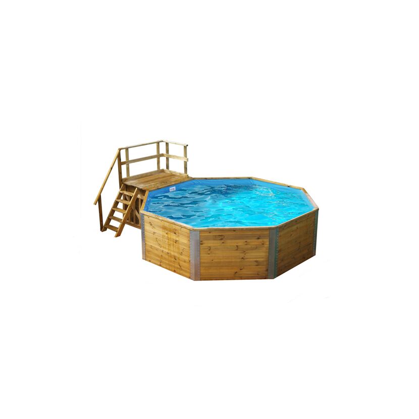 Achteckiger Holzpool mit Einstiegstreppe.