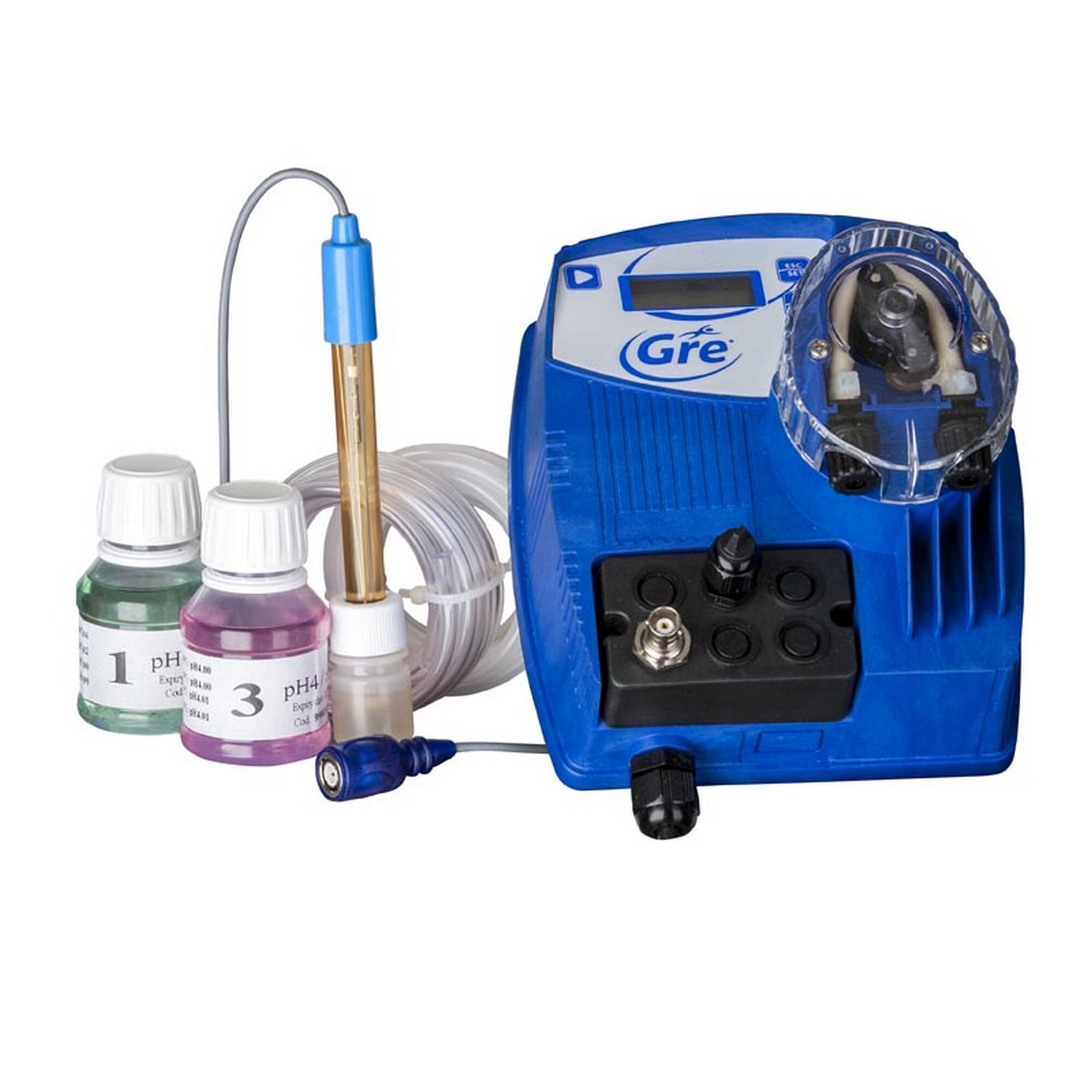 Blauer pH-Regler mit zwei Flaschen pH-Minus und pH-Plus.