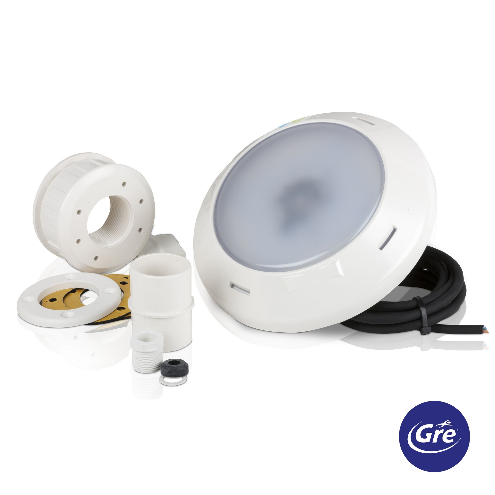 Weißer LED-Projektor für Pool mit Zubehör.