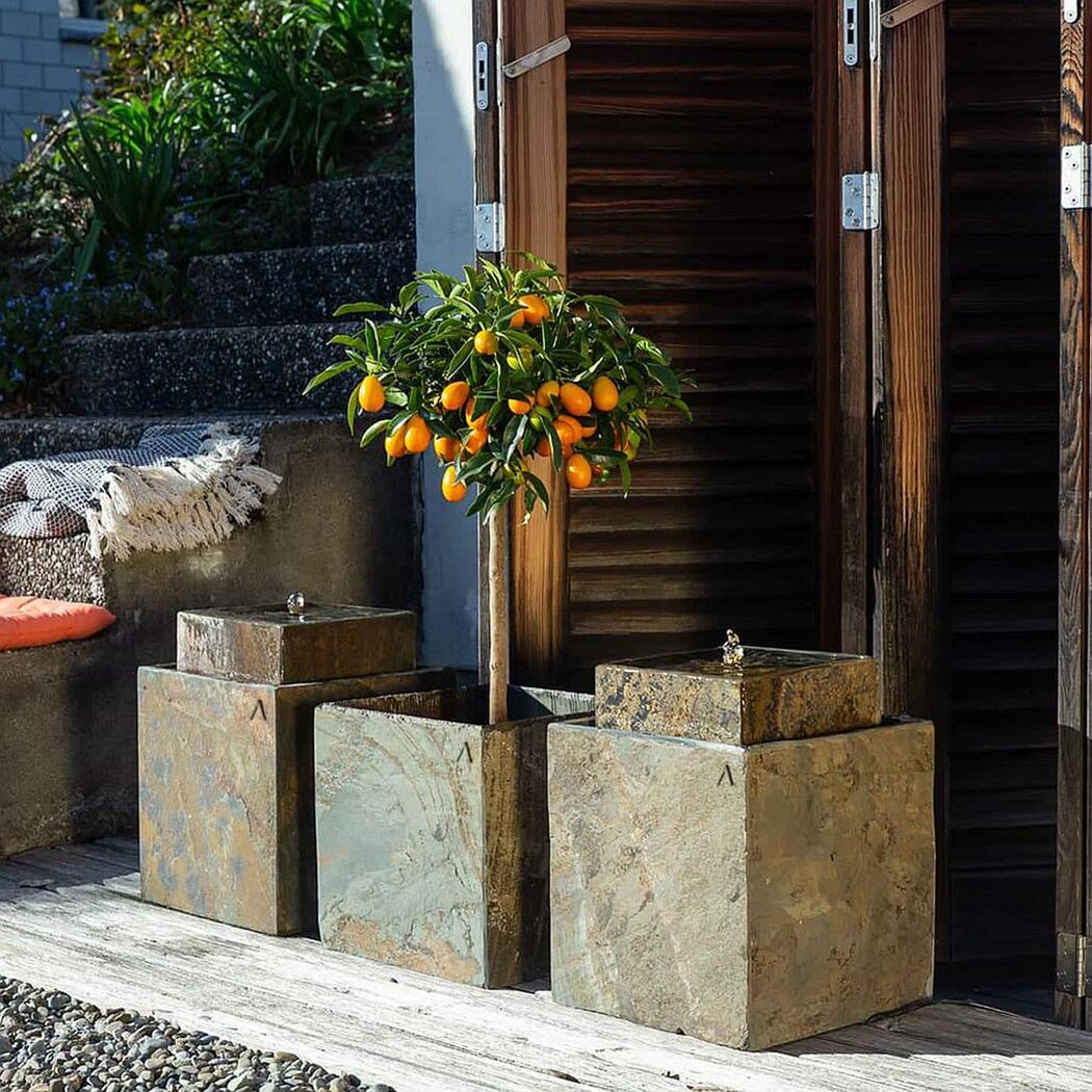 Gartenbrunnen aus Stein mit Orangenbäumchen