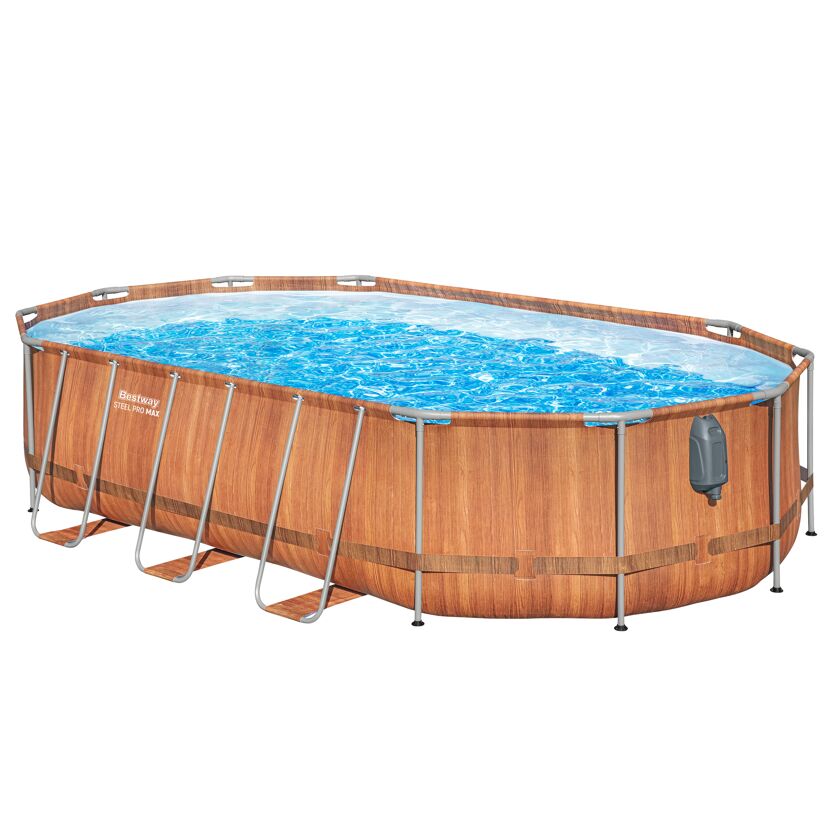 Ovaler Aufstellpool mit Holzoptik