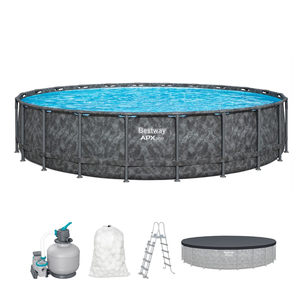 Runder Pool mit Zubehör: Pumpe, Filterbälle, Leiter, Abdeckung