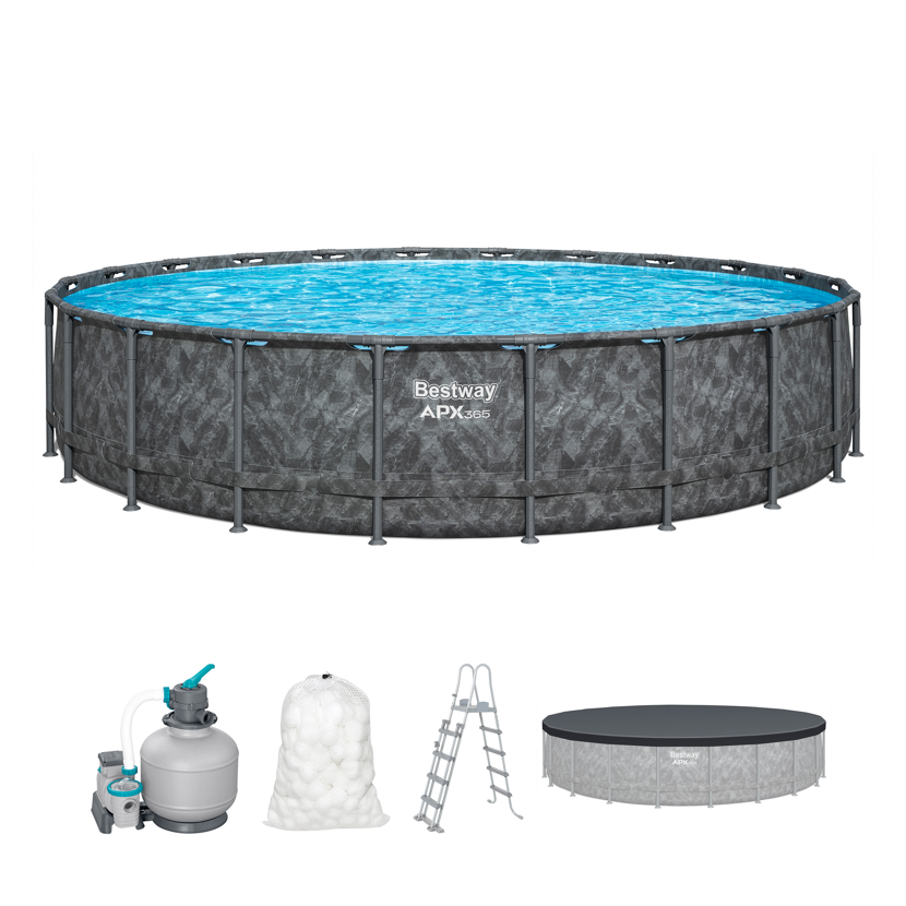 Runder Pool mit Zubehör: Pumpe, Filterbälle, Leiter, Abdeckung