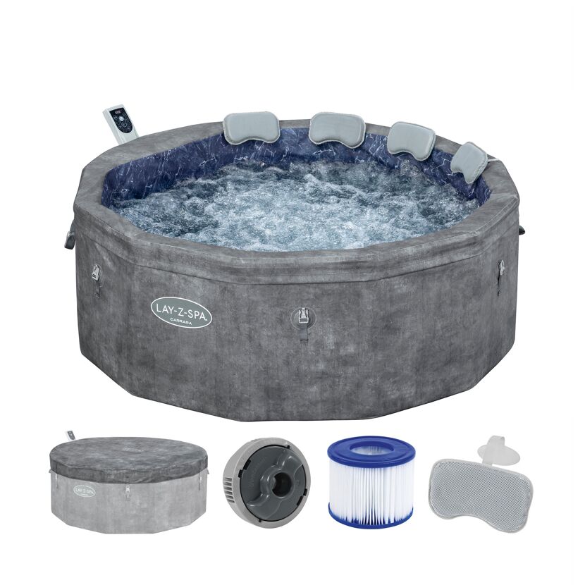 Runder, grauer Whirlpool mit Zubehör.