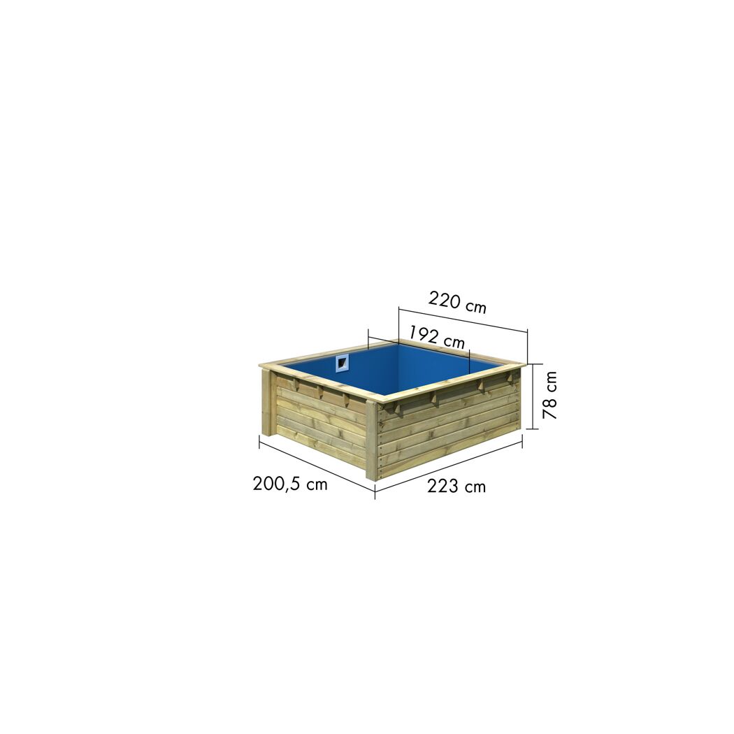 Quadratischer Minipool aus Holz mit blauer Innenfolie