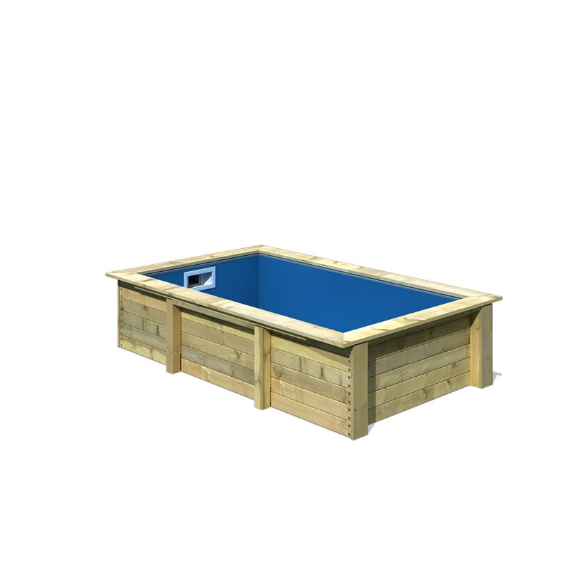 Rechteckiger Holzpool mit blauer Innenfolie