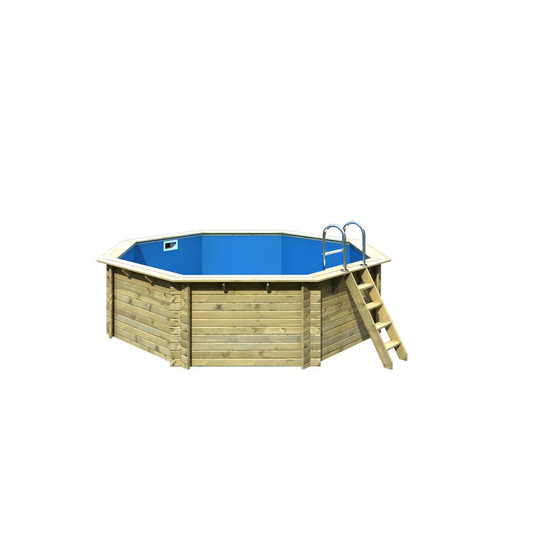 Achteckiger Holzpool mit blauer Innenfolie und Holzleiter.