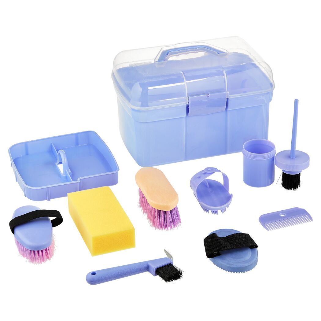 Lila Putzbox mit verschiedenen Pferdepflegeartikeln.