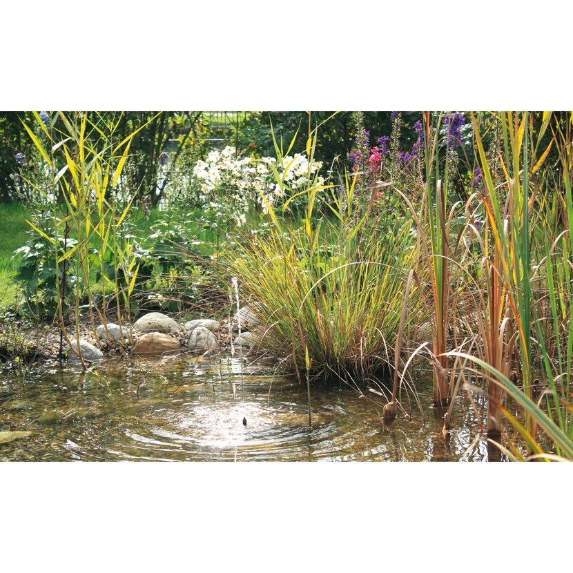 Springbrunnen plätschert in einem kleinen Teich im Garten