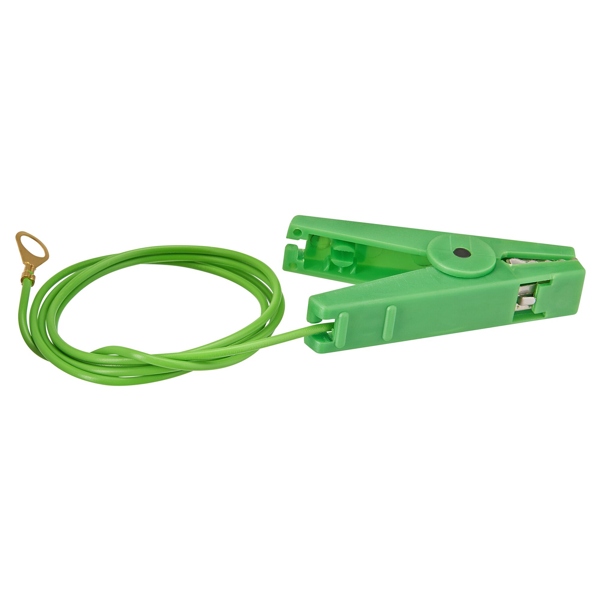 Grüne Erdungskabel-Klemme mit Kabel und Öse