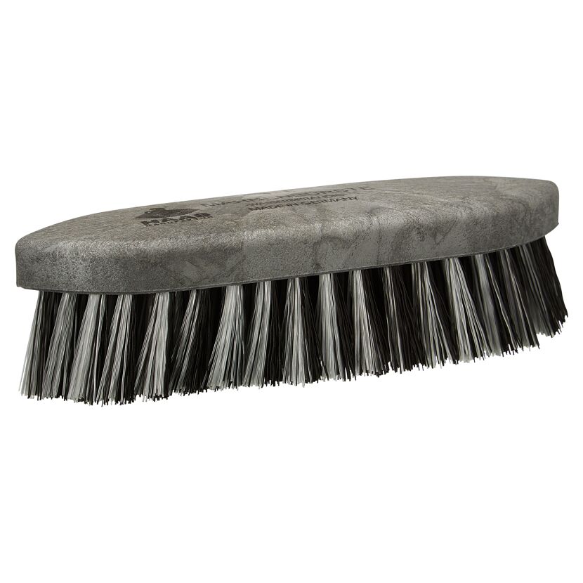 Schwarze und weiße Mähnenbürste mit grauem Griff.