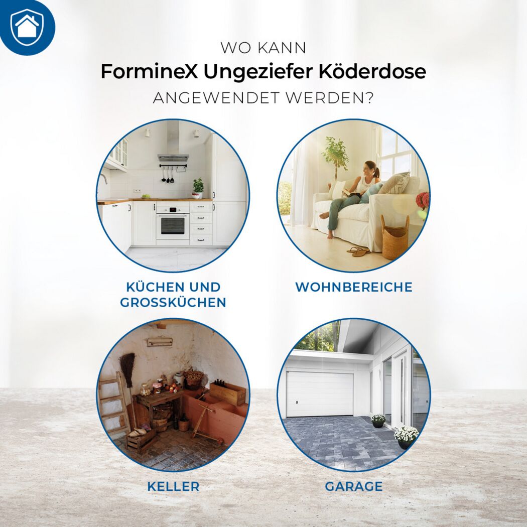 Anwendungsbereiche für FormineX Ungezieferköderdose: Küche, Wohnen, Keller, Garage.