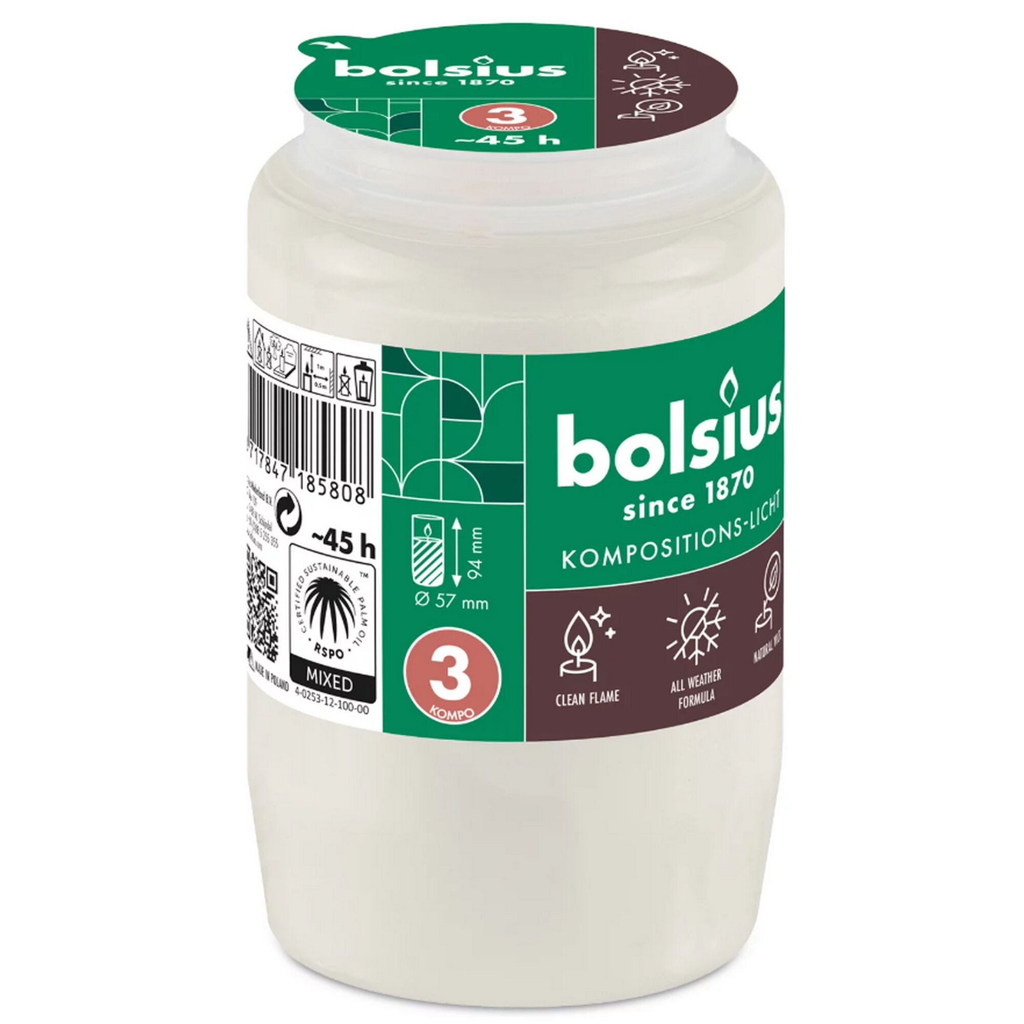 Weiße Bolsius Grabkerze in Verpackung.