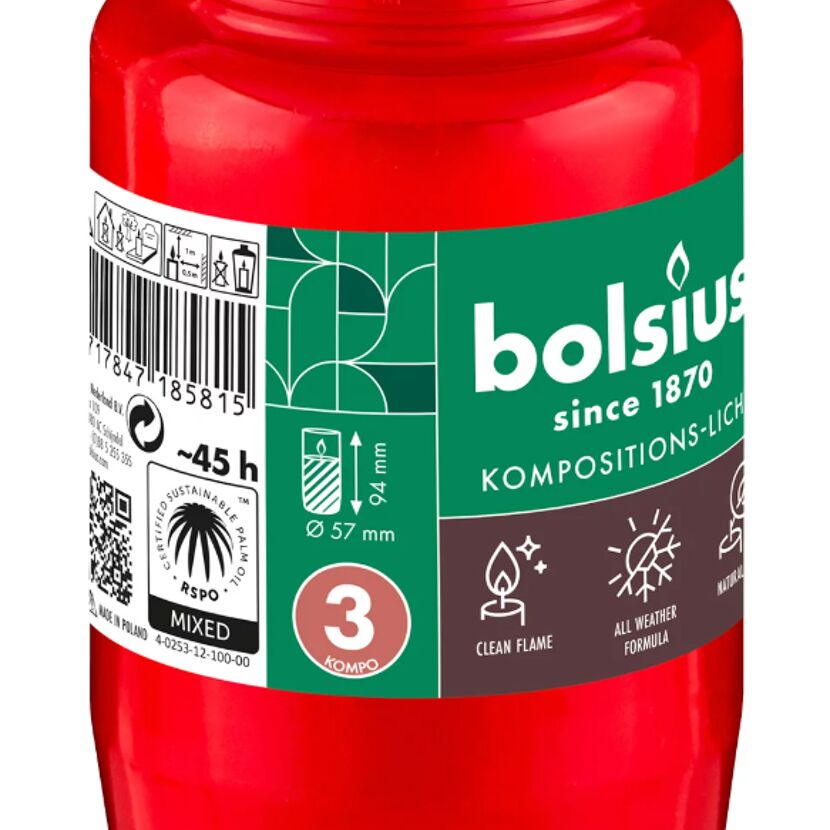 Rote Bolsius Grabkerze mit grünem Etikett.
