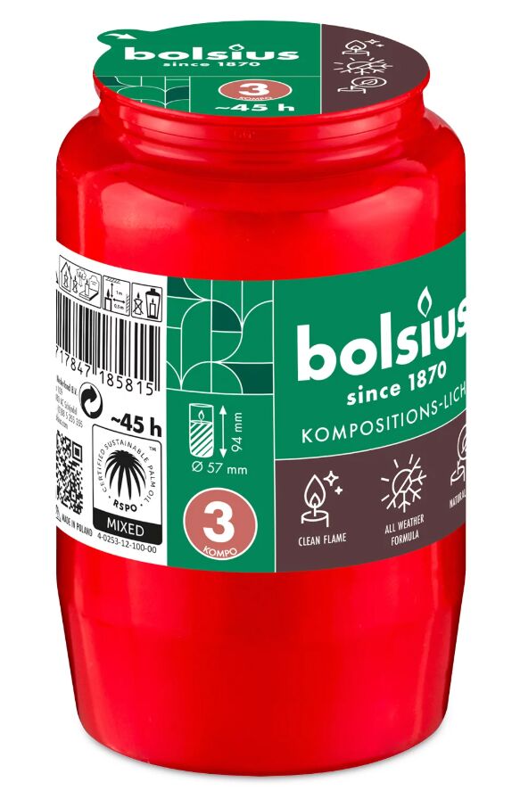 Rote Bolsius Grabkerze mit grünem Etikett.