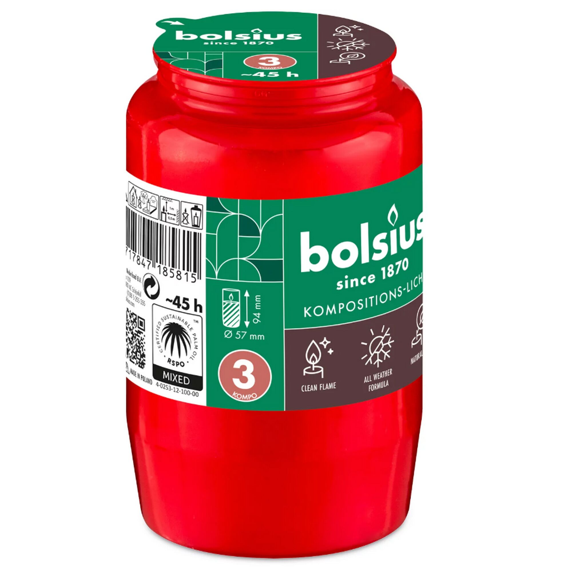 Rote Bolsius Grabkerze mit weiß-grünem Etikett