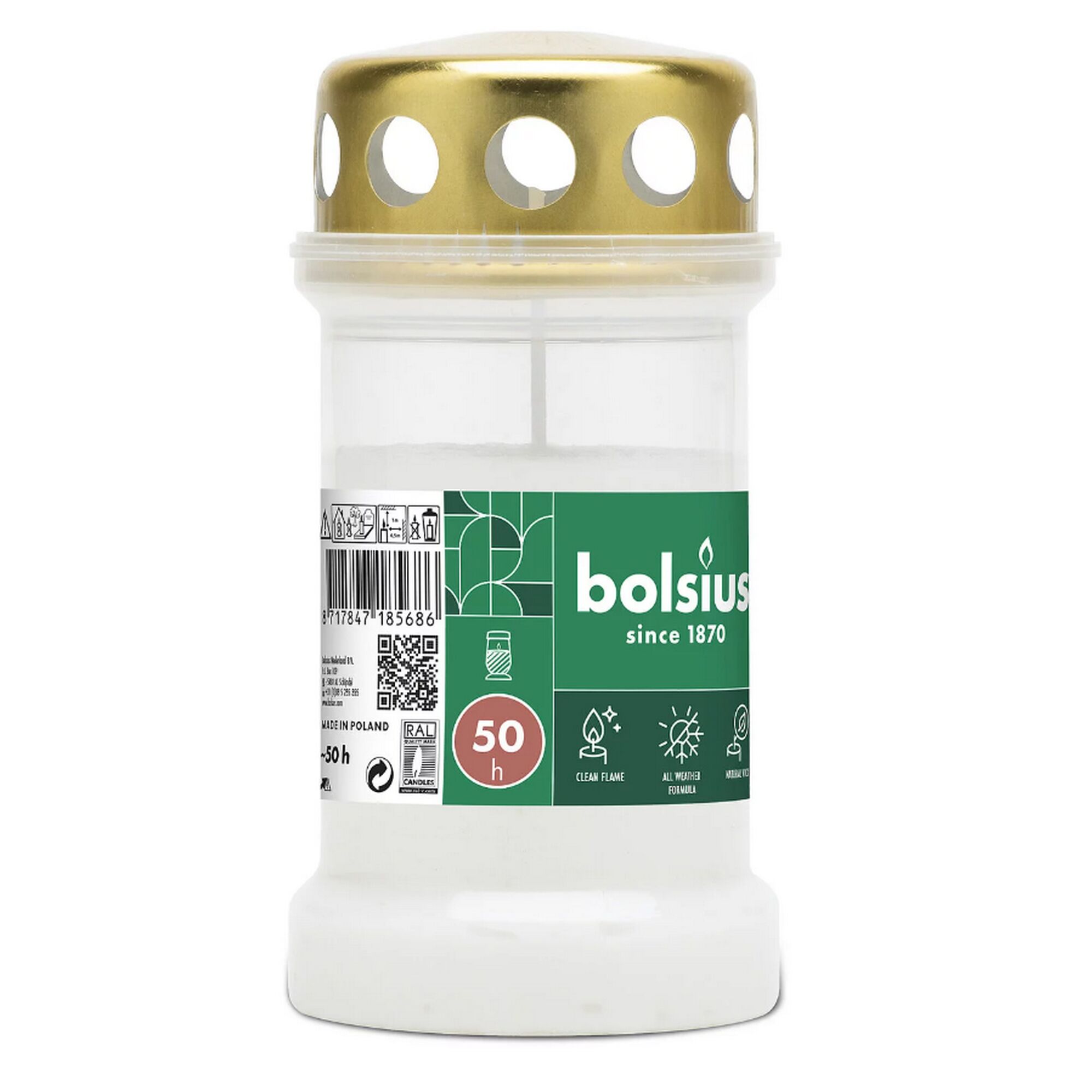 Bolsius Grabkerze weiß mit goldenem Deckel.