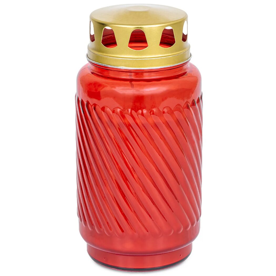 Rote Grabkerze aus Glas mit goldfarbenem Deckel