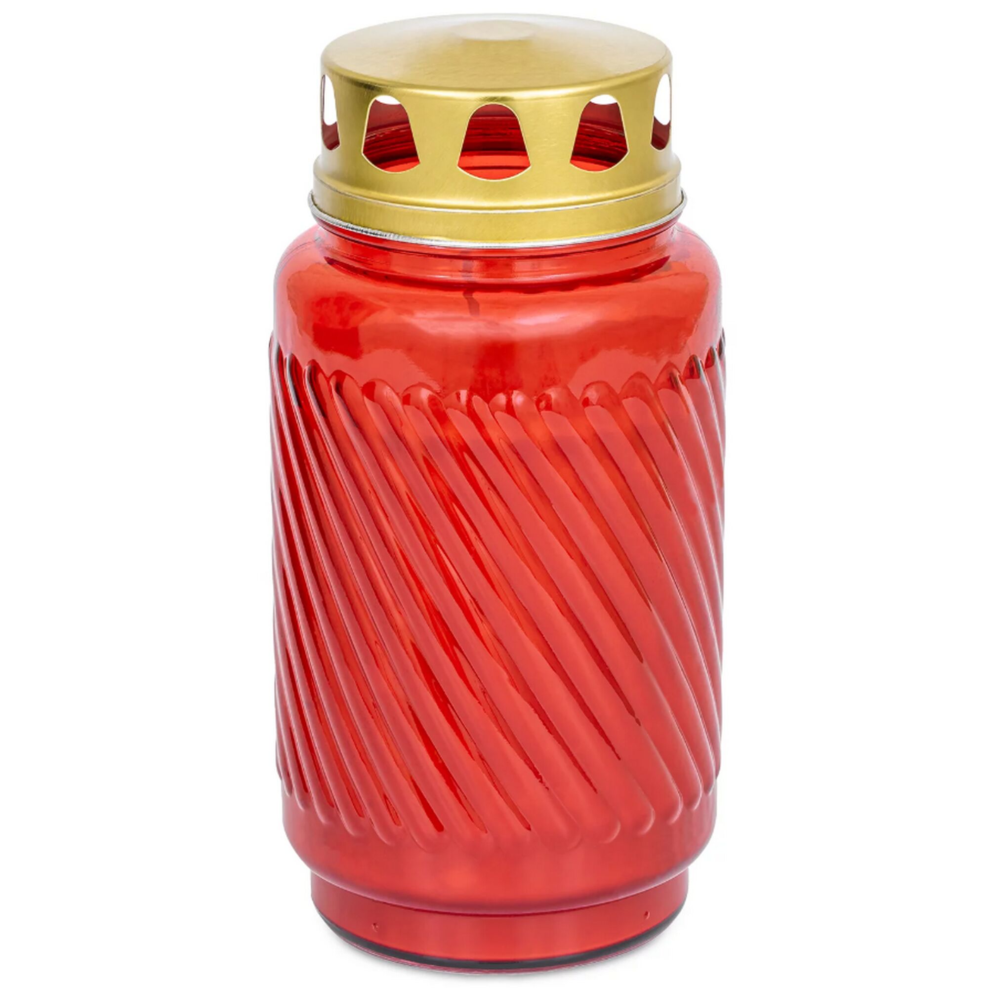 Rote Grabkerze aus Glas mit goldfarbenem Deckel