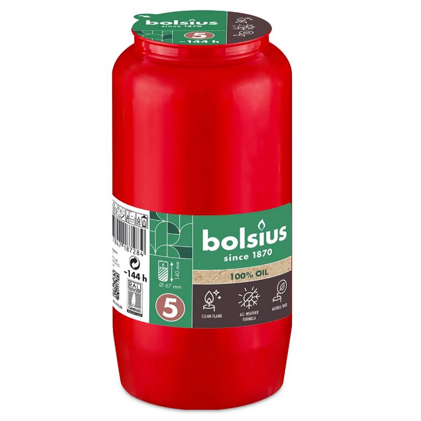 Rote Bolsius Grabkerze aus Pflanzenöl.