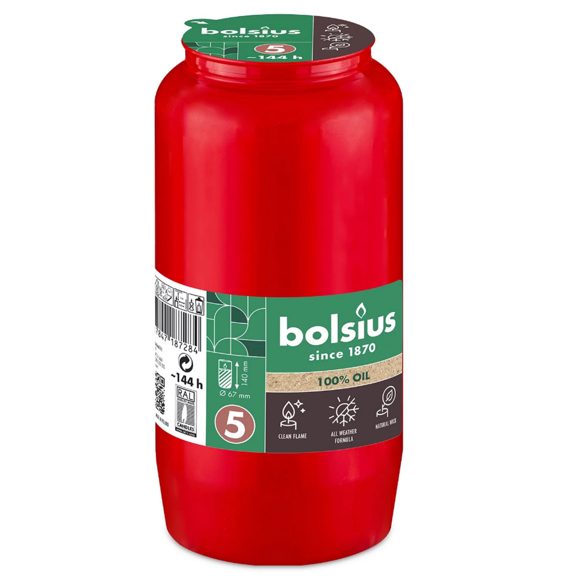 Rote Bolsius Grabkerze aus Pflanzenöl.