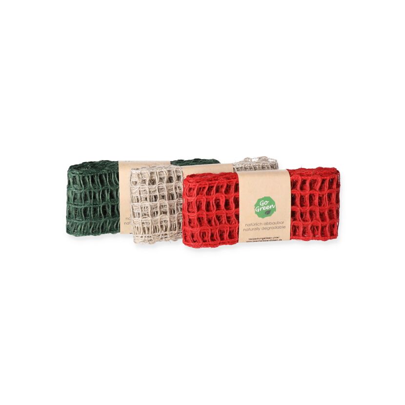 Drei Jute-Geschenkbandrollen in den Farben Grün, Beige und Rot