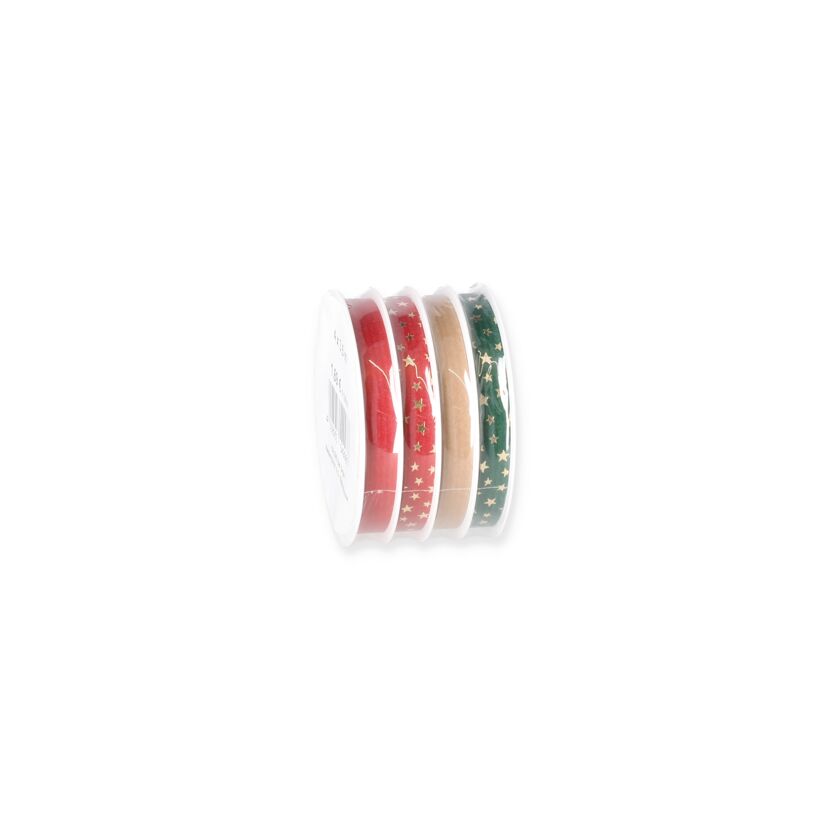 Vier Rollen Geschenkband in grün, rot, natur und gold mit Sternenmuster.