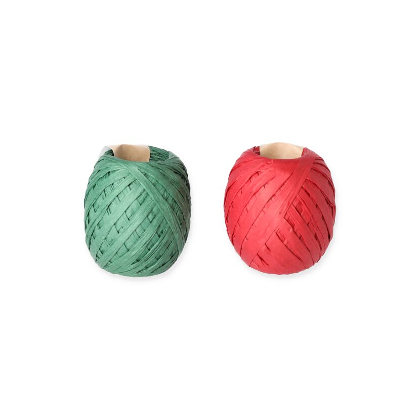 Zwei Knäuel Papier-Raffia in Grün und Rot