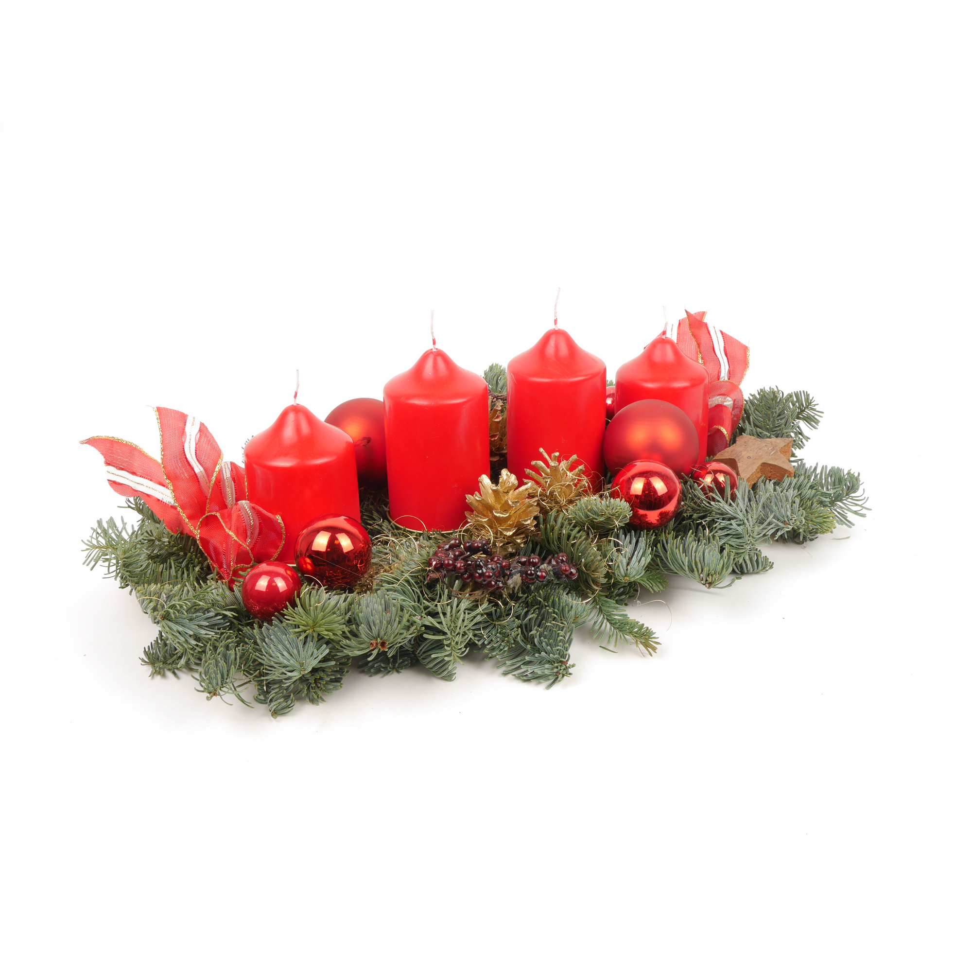 Adventsgesteck rot mit weihnachtlicher Dekoration, inklusive vier Kerzen + product picture