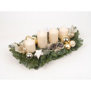 Adventsgesteck weiß mit weihnachtlicher Dekoration, inklusive vier Kerzen