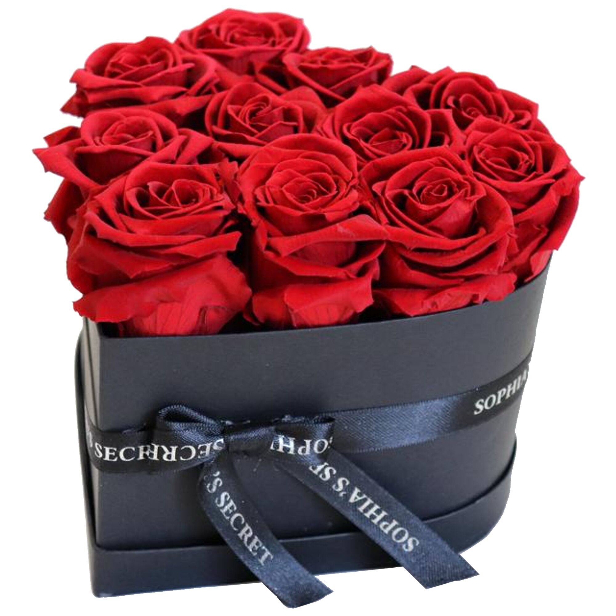 Herzförmige Box mit roten Rosen und Schleife