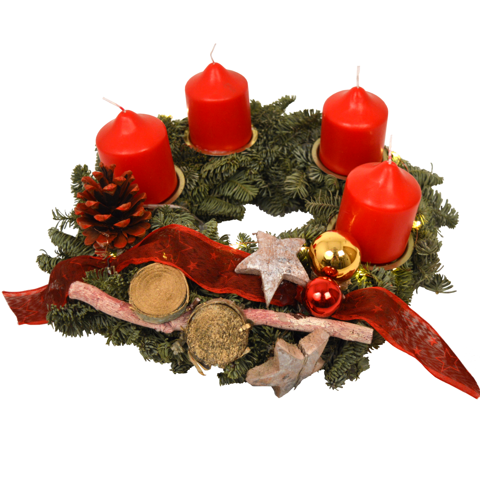 Adventskranz mit 4 roten Kerzen und LED-Lichterkette rot Ø 30 cm + product picture