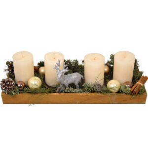 Adventsgesteck im Holztablett mit 4 weißen Rustik-Kerzen 48 x 18 x14 cm