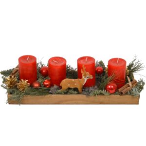 Adventsgesteck im Holztablett mit 4 roten Rustik-Kerzen 48 x 18 x14 cm