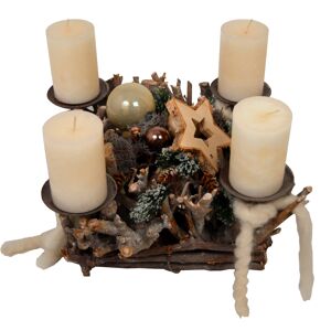 Advents-Wurzelgesteck mit Kugeln und 4 weißen Rustik-Kerzen 30 x 30 x 25 cm