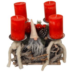 Advents-Wurzelgesteck mit Wichtel und 4 roten Rustik-Kerzen 30 x 30 x 25 cm
