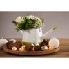 Weiße Gießkanne mit Blumen und Weihnachtsdeko