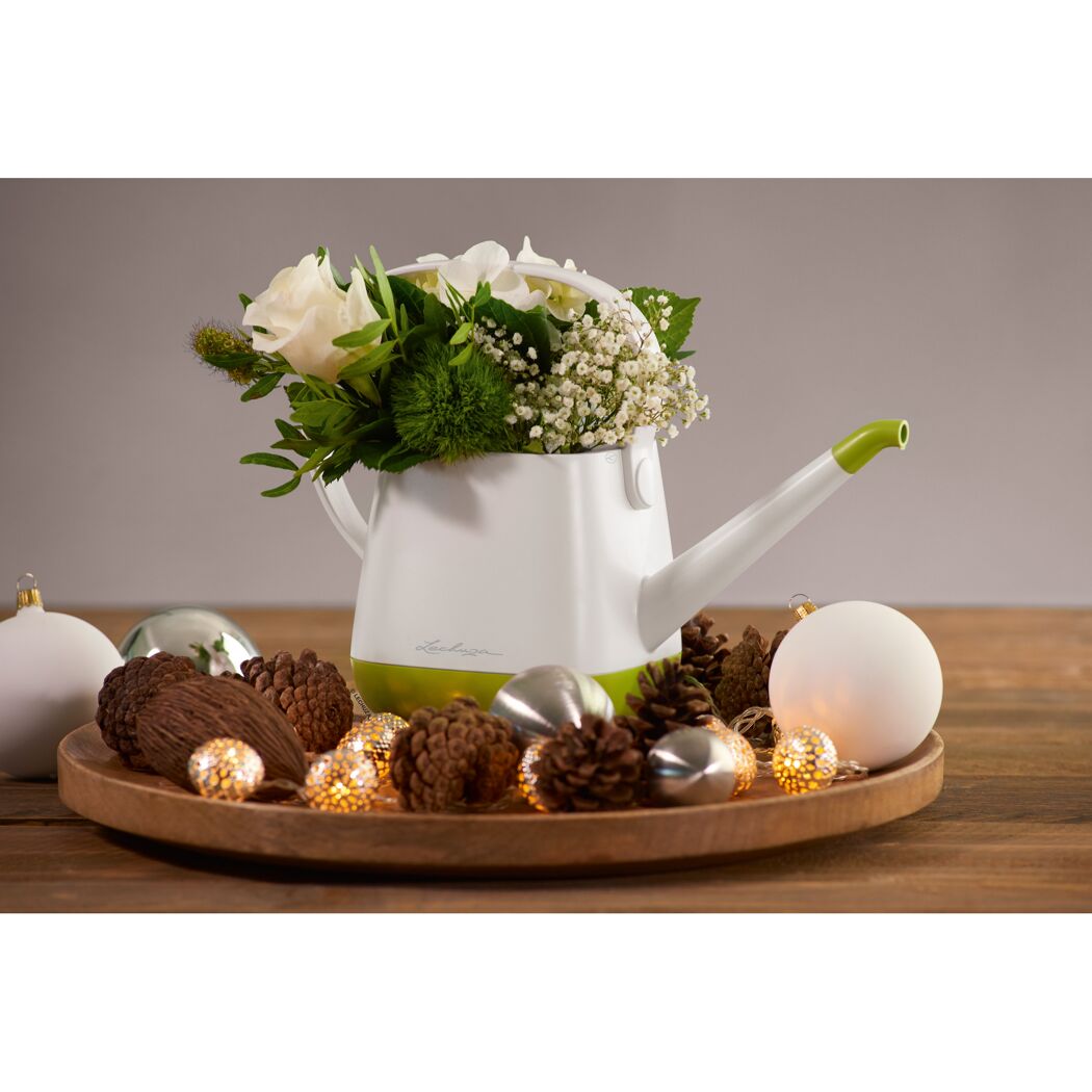 Weiße Gießkanne mit Blumen und Weihnachtsdeko