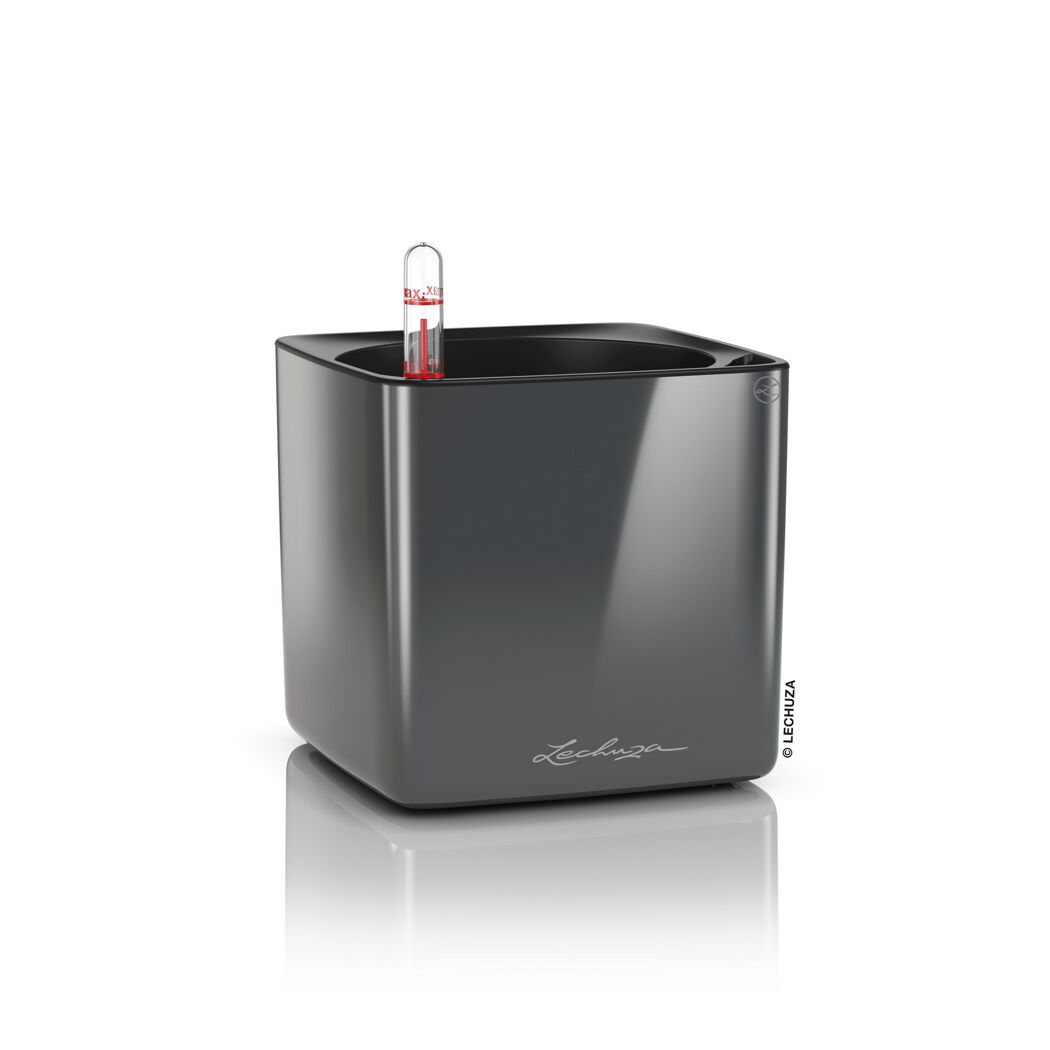 Anthrazitfarbener Übertopf Cube Glossy von Lechuza