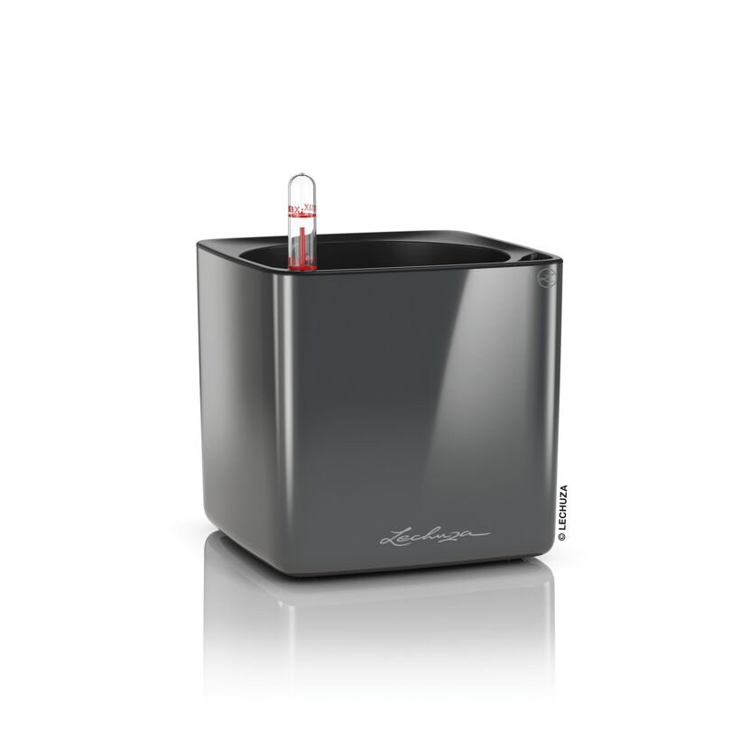 Anthrazitfarbener Übertopf Cube Glossy von Lechuza