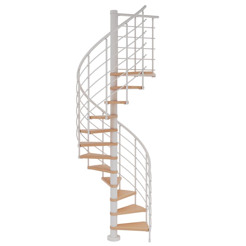 Weiße Spindeltreppe mit Buchenholzstufen.