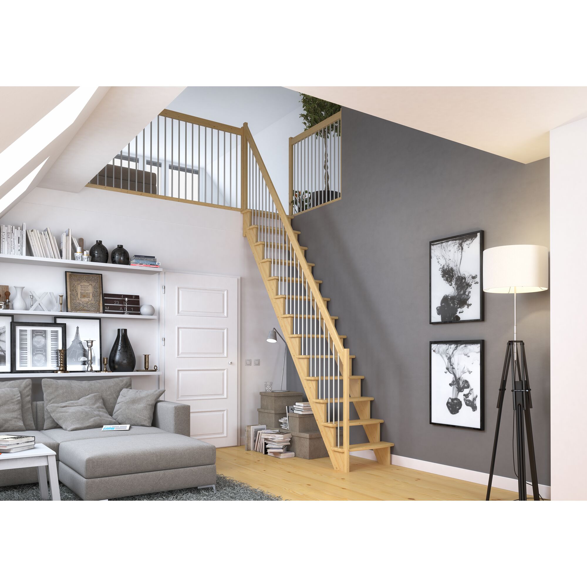 Holztreppe mit Metallgeländer im Wohnzimmer